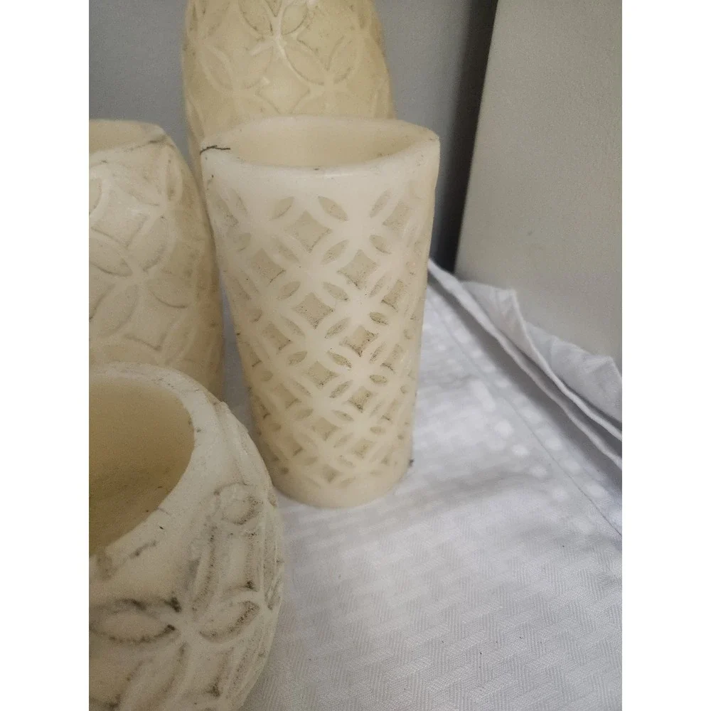 Set of 4 Flameless LED Pillar Candles Carved Wax Lattice Cream Untested